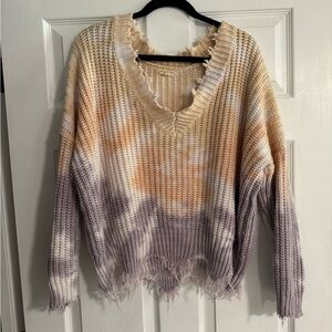 Main Strip Distressed Tie Dye V Neck Sweater